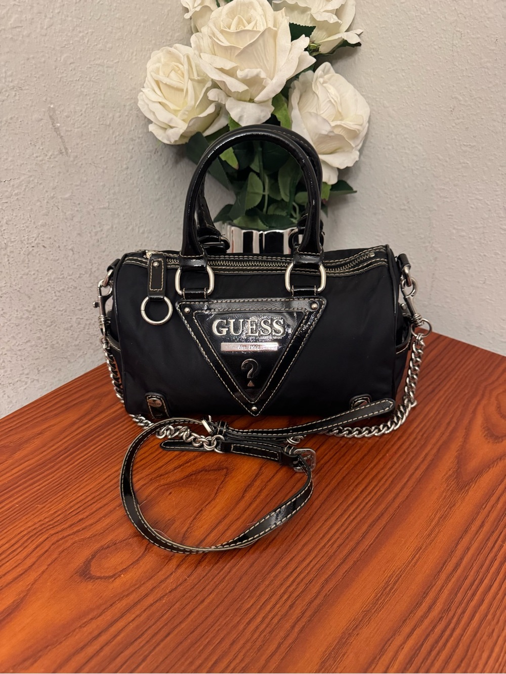 GUESS Black Nylon Satchel with Silver-Tone Hardware